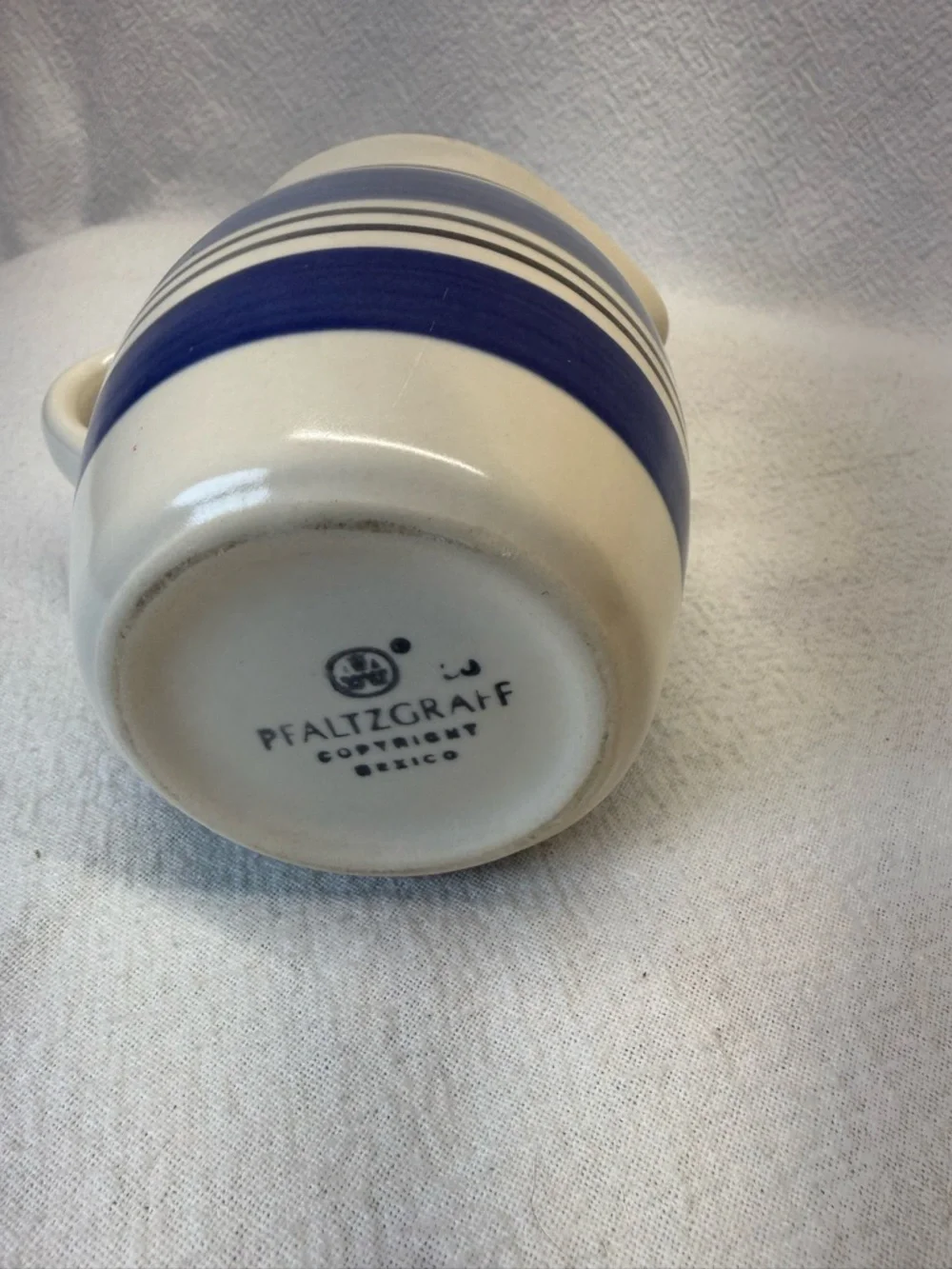 VTG Pfalzgraff Rio Stoneware Creamer blue & gray bands white body blue interior.